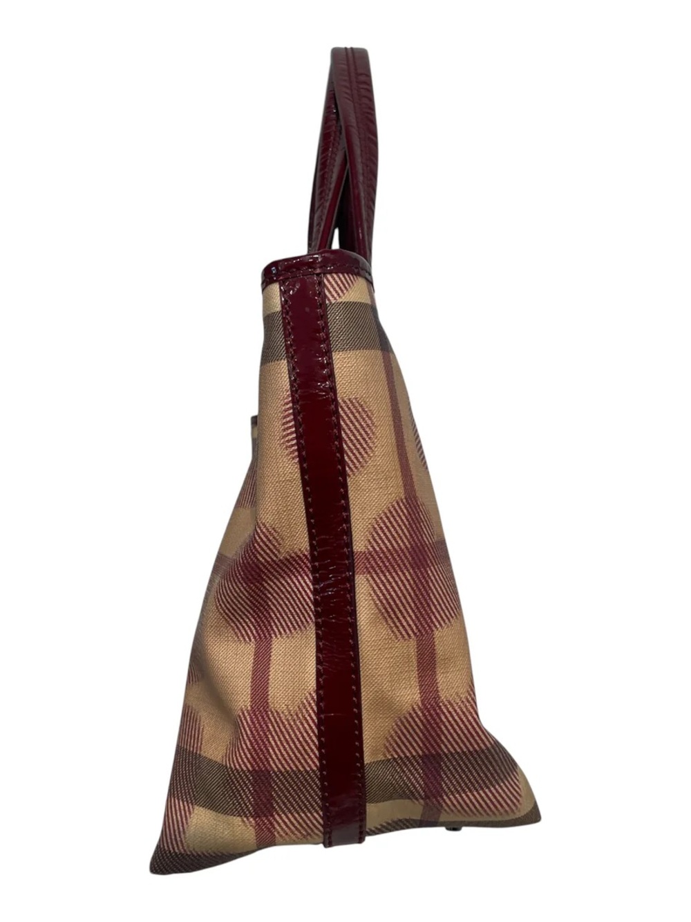 Burberry Beige Plaid Tote with Burgundy Patent Trim - Picture 5 of 5